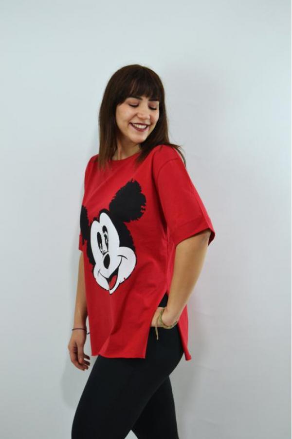 Mickey Mouse Baskılı Duble Kol Yırtmaçlı Oversize Kadın T-Shirt Kırmızı