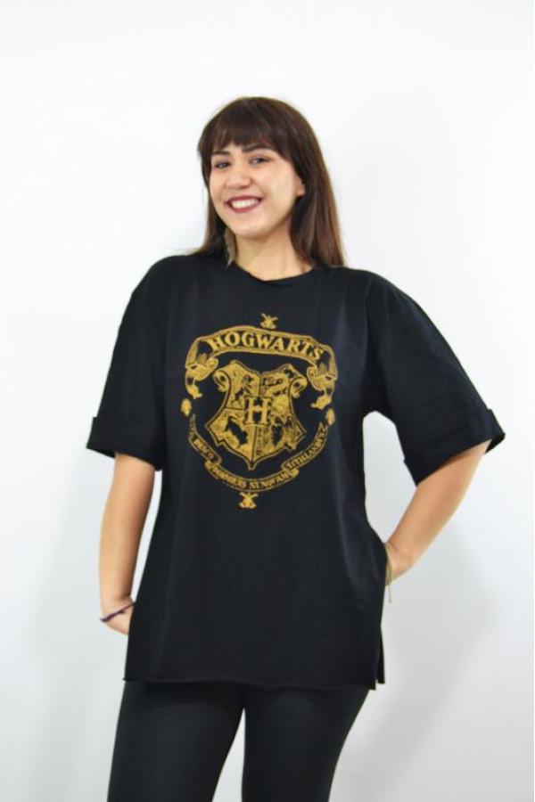 Hogwarts Baskılı Duble Kol Yırtmaçlı Oversize Kadın T-Shirt Siyah