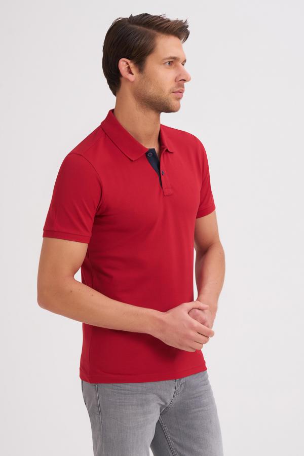 Çizgi Triko Erkek Slim Fit Polo Yaka Tişört Desenli Kolu Lastikli Kumaş %100 Pamuk - Kırmızı