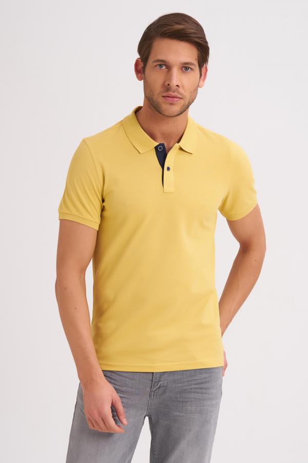 Çizgi Triko Erkek Slim Fit Polo Yaka Tişört Desenli Kolu Lastikli Kumaş %100 Pamuk - Sarı