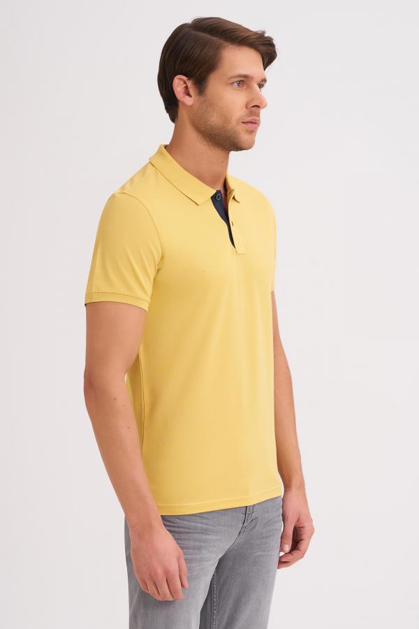 Çizgi Triko Erkek Slim Fit Polo Yaka Tişört Desenli Kolu Lastikli Kumaş %100 Pamuk - Sarı