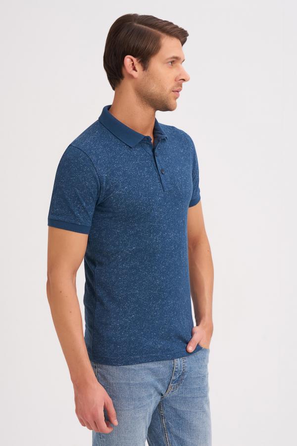 Çizgi Triko Erkek Slim Fit Polo Yaka Tişört Kolu Lastikli Kumaş %100 Pamuk - İndigo