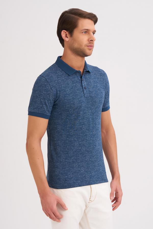 Çizgi Triko Erkek Tişört Slim Fit Polo Yaka Desenli Kolu Lastikli %100 Pamuk Kumaş - Marin