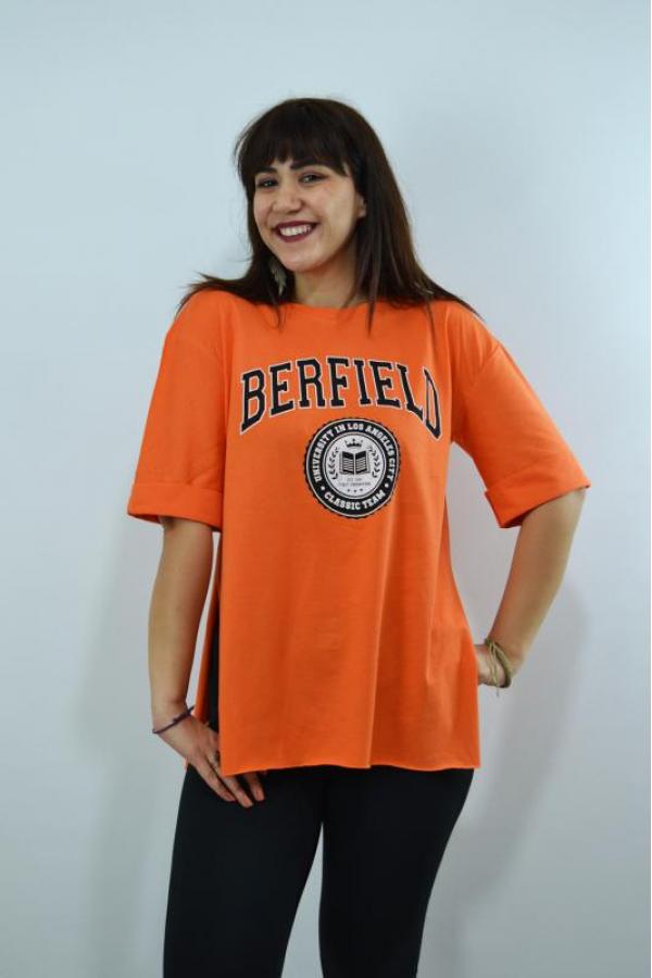 Berfield Baskılı Duble Kol Yırtmaçlı Oversize Kadın T-Shirt Turuncu