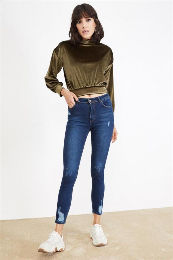 Kadın Mavi Eskitme Efektli Skinny Jeans