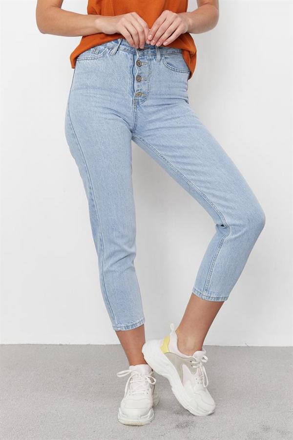 Kadın Mavi Önden Düğmeli Yüksek Bel Mom Jeans