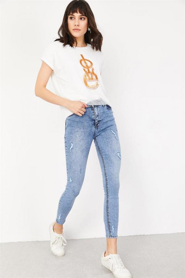 Kadın Mavi Yırtık Detaylı Skinny Jeans