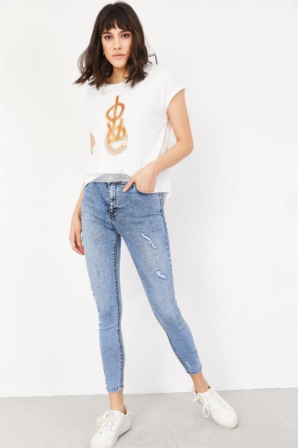 Kadın Mavi Yırtık Detaylı Skinny Jeans