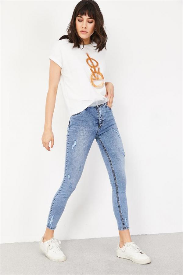 Kadın Mavi Yırtık Detaylı Skinny Jeans