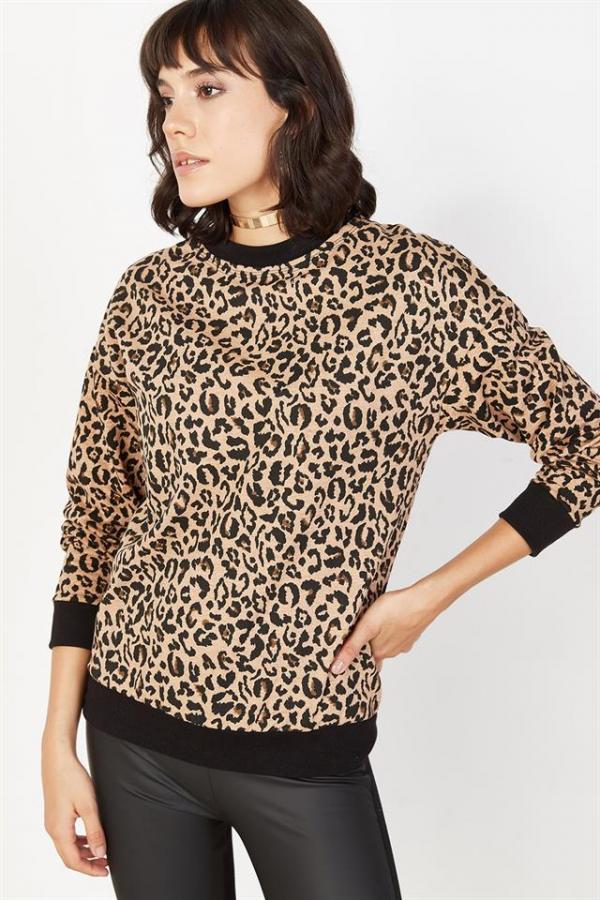 Kadın Siyah Leopar Desenli Sweatshirt