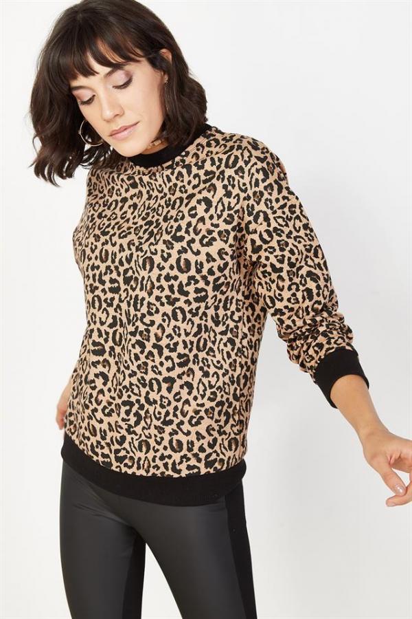 Kadın Siyah Leopar Desenli Sweatshirt